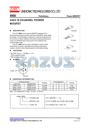 5N50G-T2Q-T datasheet - 500V N-CHANNEL POWER MOSFET
