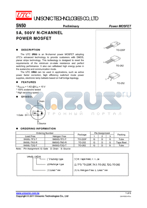 5N50G-T2Q-T datasheet - 5A, 500V N-CHANNEL POWER MOSFET
