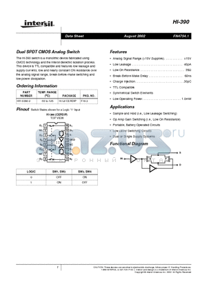 HI-390 datasheet - Dual SPDT CMOS Analog Switch