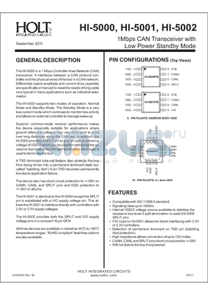 HI-5000CRI datasheet - 1Mbps CAN Transceiver with Low Power Standby Mode