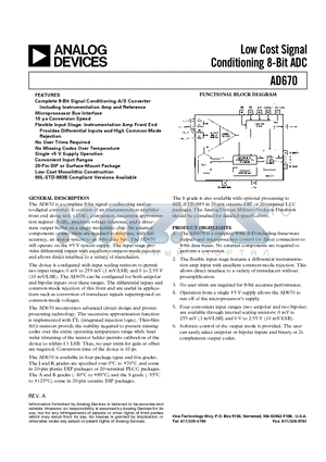 AD670 datasheet - Low Cost Signal Conditioning 8-Bit ADC