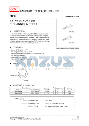 5N60 datasheet - 4.5 Amps, 600 Volts N-CHANNEL MOSFET