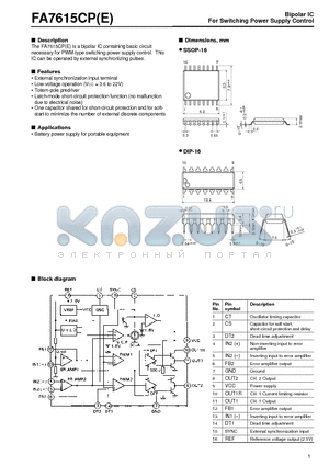 FA7615CP datasheet - FA7615CPE Bipolar IC For Switching Power Supply Control