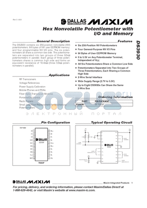 DS3930 datasheet - Hex Nonvolatile Potentiometer with I/O and Memory