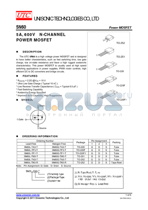 5N60G-TN3-T datasheet - 5A, 600V N-CHANNEL POWER MOSFET