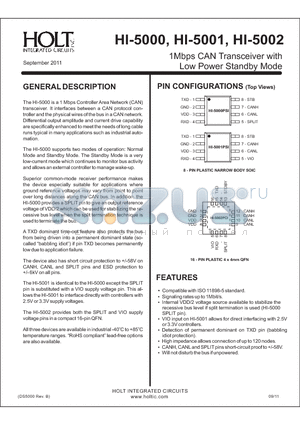 HI-5002CRI datasheet - 1Mbps CAN Transceiver with Low Power Standby Mode