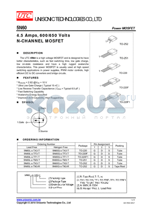 5N60G-X-TM3-T datasheet - 4.5 Amps, 600/650 Volts N-CHANNEL MOSFET