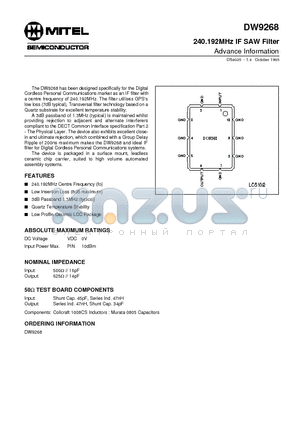 DS4025 datasheet - 240.192MHz IF SAW Filter Advance Information