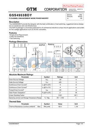 GSS4953BDY datasheet - P-CHANNEL ENHANCEMENT MODE POWER MOSFET