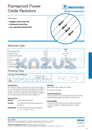 FA80 datasheet - Flameproof Power Oxide Resistors