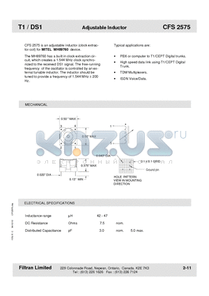 CFS2575 datasheet - T1 / DS1 Adjustable Inductor