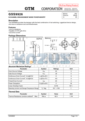 GSS9926 datasheet - N-CHANNEL ENHANCEMENT MODE POWER MOSFET