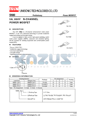 5N80 datasheet - 5A, 800V N-CHANNEL POWER MOSFET