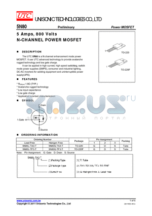 5N80G-TF3-T datasheet - 5 Amps, 800 Volts N-CHANNEL POWER MOSFET
