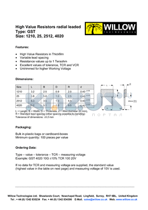 GST4020 datasheet - High Value Resistors radial leaded