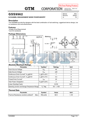 GSS9962 datasheet - N-CHANNEL ENHANCEMENT MODE POWER MOSFET