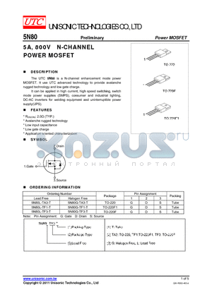 5N80L-TA3-T datasheet - 5A, 800V N-CHANNEL POWER MOSFET
