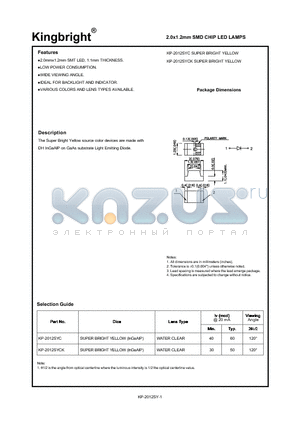 KP-2012SYC datasheet - 2.0 x 1.2mm SMD CHIP LED LAMPS