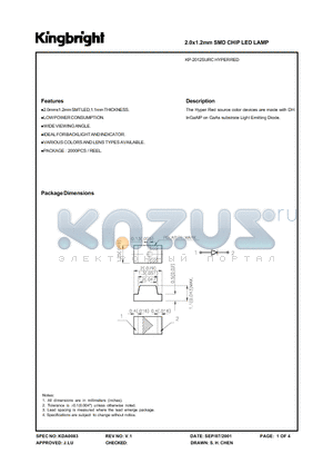 KP-2012SURC datasheet - 2.0x1.2mm SMD CHIP LED LAMP