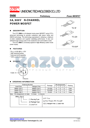 5N90G-TF3-T datasheet - 5A, 900V N-CHANNEL POWER MOSFET