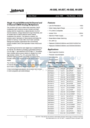 HI-508 datasheet - Single 16 and 8/Differential 8-Channel and 4-Channel CMOS Analog Multiplexers