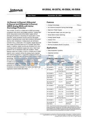 HI-506A_04 datasheet - 16-Channel, 8-Channel, Differential 8-Channel and Differential 4-Channel, CMOS Analog MUXs with Active Overvoltage Protection
