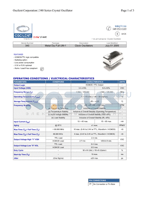 340-1.8432M-3DN-TTS datasheet - Metal Dip Full UM-1 Clock Oscillators