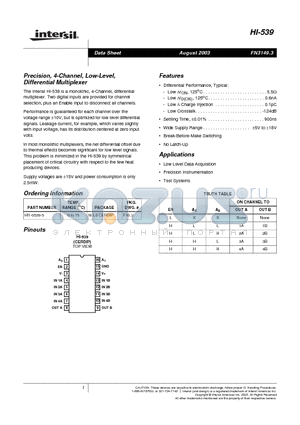 HI-539 datasheet - Precision, 4-Channel, Low-Level, Differential Multiplexer