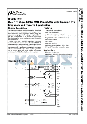 DS40MB200SQ datasheet - Dual 4.0 Gbps 2:1/1:2 CML Mux/Buffer with Transmit Pre-Emphasis and Receive Equalization