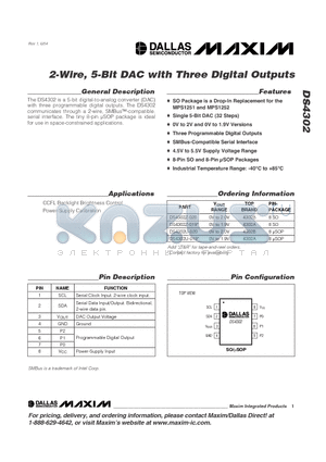 DS4302U-020 datasheet - 2-Wire, 5-Bit DAC with Three Digital Outputs