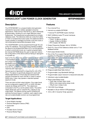 5P49EE801NDGI datasheet - VERSACLOCK^ LOW POWER CLOCK GENERATOR