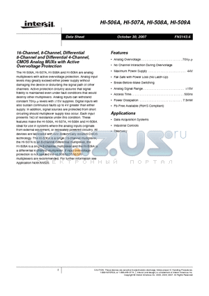 HI-507A datasheet - 16-Channel, 8-Channel, Differential 8-Channel and Differential 4-Channel, CMOS Analog MUXs with Active Overvoltage Protection