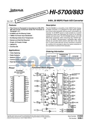 HI-5700/883 datasheet - 8-Bit, 20 MSPS Flash A/D Converter