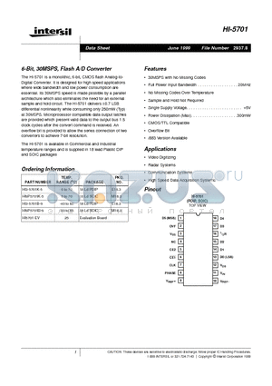 HI-5701 datasheet - 6-Bit, 30MSPS, Flash A/D Converter