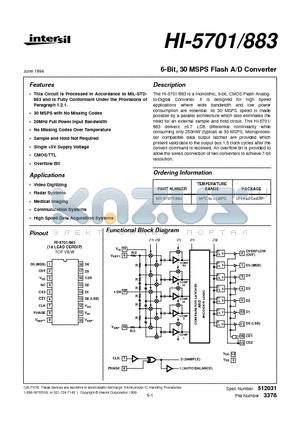 HI-5701/883 datasheet - 6-Bit, 30 MSPS Flash A/D Converter