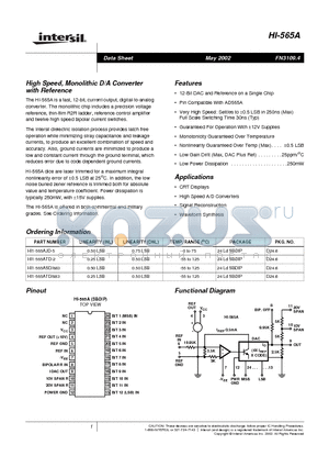 HI-565A_02 datasheet - High Speed, Monolithic D/A Converter with Reference