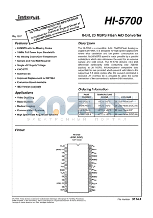 HI-5700 datasheet - 8-Bit, 20 MSPS Flash A/D Converter