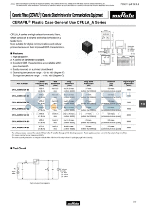 CFULA455KC2A-B0 datasheet - Ceramic Filters (CERAFIL^)/Ceramic Discriminators for Communications Equipment