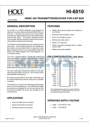 HI-6010C datasheet - ARINC 429 TRANSMITTER/RECEIVER FOR 8 BIT BUS