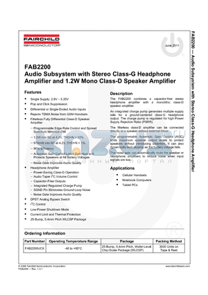 FAB2200 datasheet - Audio Subsystem with Stereo Class-G Headphone Amplifier and 1.2W Mono Class-D Speaker Amplifier