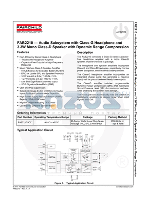 FAB2210UCX datasheet - Audio Subsystem with Class-G Headphone and 3.3W Mono Class-D Speaker with Dynamic Range Compression