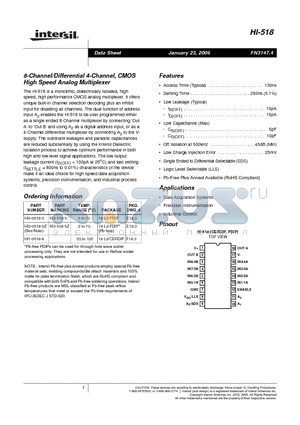 HI-518_06 datasheet - 8-Channel/Differential 4-Channel, CMOS High Speed Analog Multiplexer