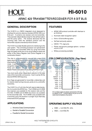 HI-6010JT datasheet - ARINC 429 TRANSMITTER/RECEIVER FOR 8 BIT BUS