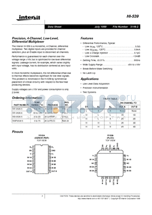 HI-539 datasheet - Precision, 4-Channel, Low-Level, Differential Multiplexer