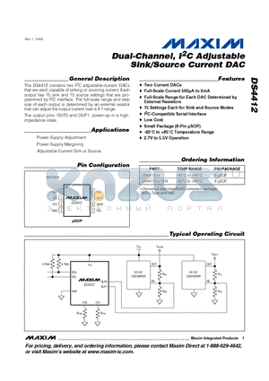 DS4412 datasheet - Dual-Channel, I2C Adjustable Sink/Source Current DAC