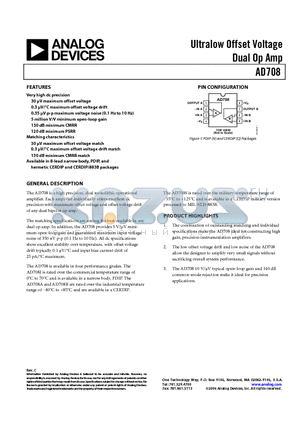 AD708BQ datasheet - Ultralow Offset Voltage Dual Op Amp