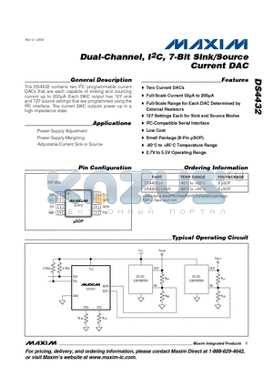 DS4432U+ datasheet - Dual-Channel, I2C, 7-Bit Sink/Source Current DAC