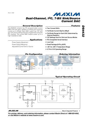 DS4432 datasheet - Dual-Channel, I2C, 7-Bit Sink/Source Current DAC