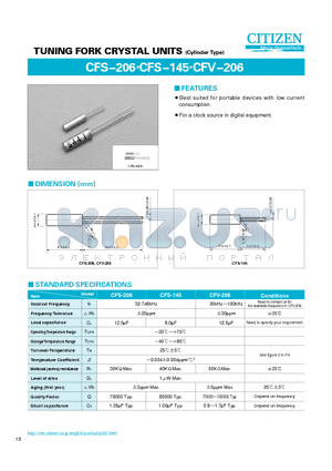 CFV-206 datasheet - TUNING FORK CRYSTAL UNITS (Cylinder Type)