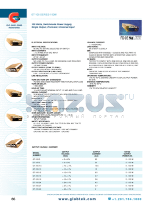 GT-100-10 datasheet - 100 Watts, Switchmode Power Supply, Single Output, Enclosed, Universal Input